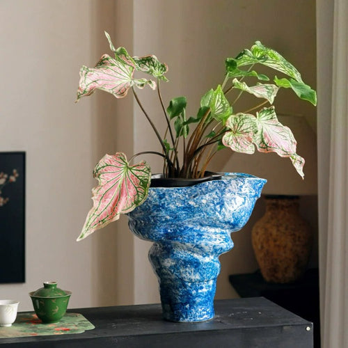 Blue Art Ceramic Vase, Large Opening Nordic Ins Style Table Flower Vessel