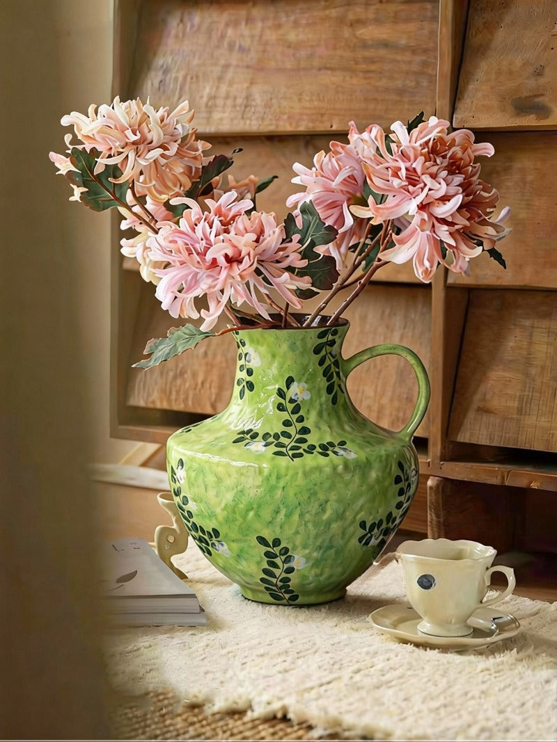 New Chinese Wabi-Sabi Painted Floral Vase with Single Handle – Hydroponic Flower Arrangement for Living Room & Study Decor
