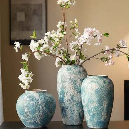 Rustic Blue Ceramic Vase Jingdezhen Wabi Sabi Floral Vessel for Homestay Tea Room Table Decor