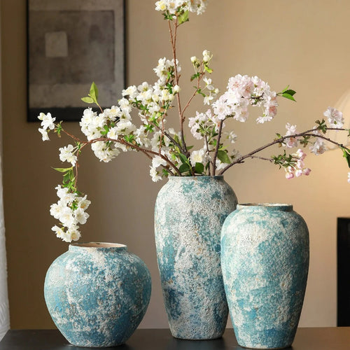 Rustic Blue Ceramic Vase Jingdezhen Wabi Sabi Floral Vessel for Homestay Tea Room Table Decor