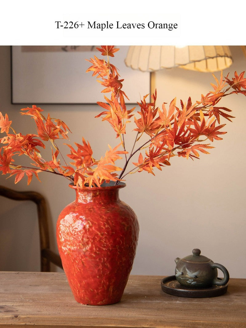 Red Chinese Ceramic Vase Retro National Style Dual-use Floral Vessel for Dried & Fresh Flower Table Decor