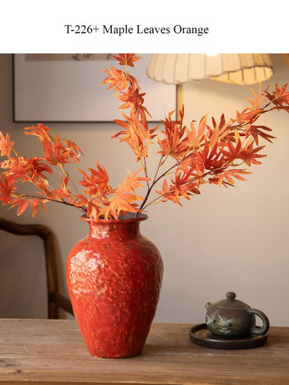 Red Chinese Ceramic Vase Retro National Style Dual-use Floral Vessel for Dried & Fresh Flower Table Decor