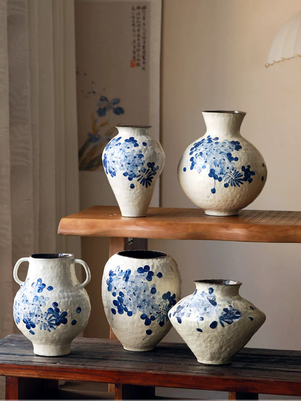 New Chinese Style Blue and White Wisteria Countertop Vase Retro Ceramic Decor