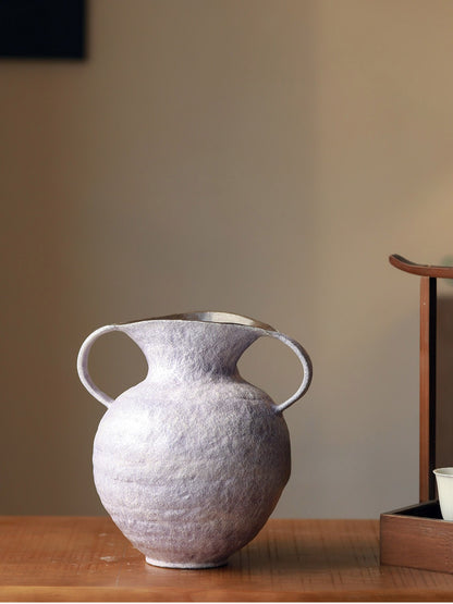 Wabi Sabi Double Handle Lavender Ceramic Vase, Minimalist Neo Chinese Tabletop Flower Vessel