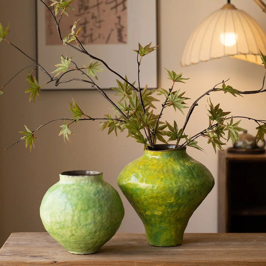Qingmo Kiln Wabi Sabi Vintage Green Ceramic Vase Japanese Zen Floral Vessel for Entryway Living Room Decor