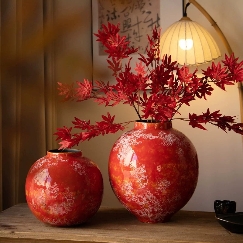Red Chinese Ceramic Vase Retro National Style Dual-use Floral Vessel for Dried & Fresh Flower Table Decor