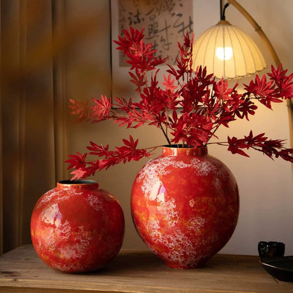 Red Chinese Ceramic Vase Retro National Style Dual-use Floral Vessel for Dried & Fresh Flower Table Decor