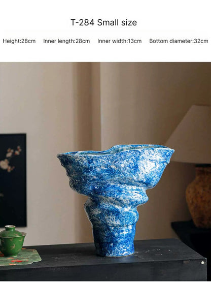 Blue Art Ceramic Vase, Large Opening Nordic Ins Style Table Flower Vessel