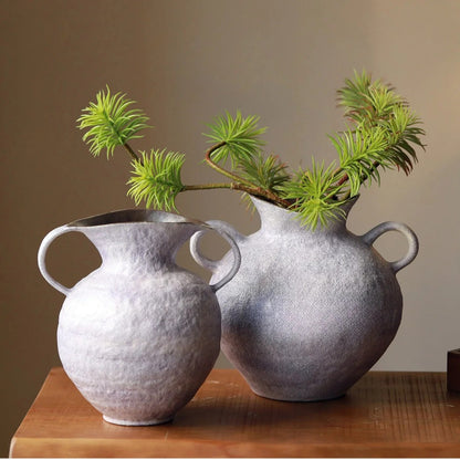 Wabi Sabi Double Handle Lavender Ceramic Vase, Minimalist Neo Chinese Tabletop Flower Vessel