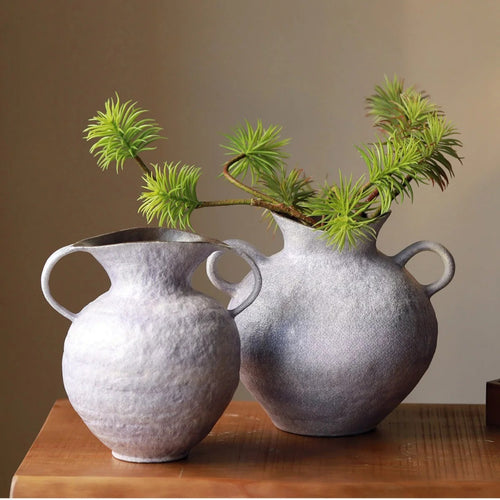 Wabi Sabi Double Handle Lavender Ceramic Vase, Minimalist Neo Chinese Tabletop Flower Vessel