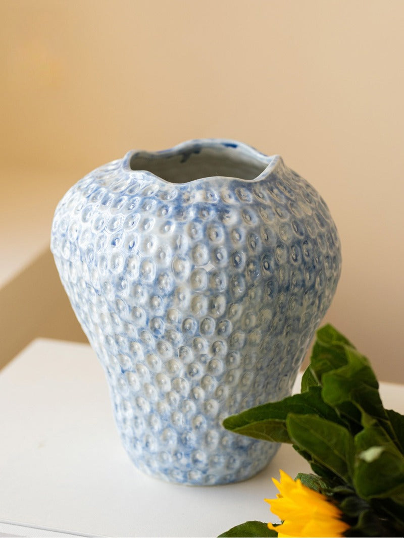 Blue Strawberry Textured Neo Chinese Ceramic Vase, Modern TV Console & Entryway Hydroponic Decor