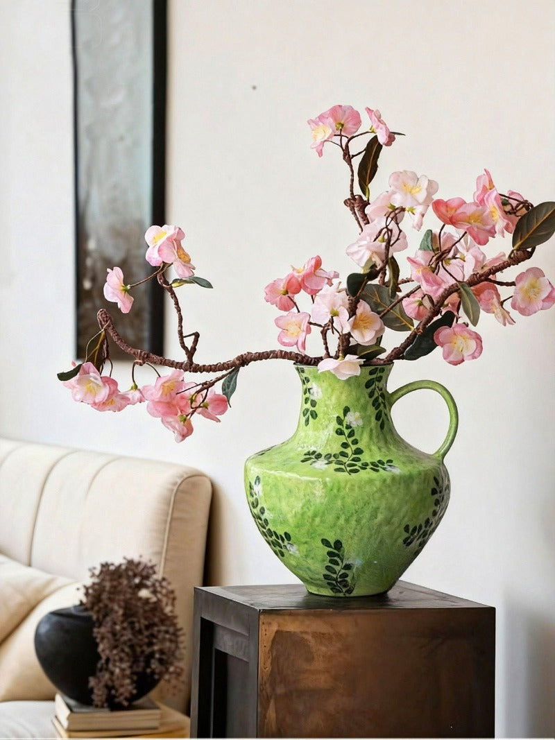 New Chinese Wabi-Sabi Painted Floral Vase with Single Handle – Hydroponic Flower Arrangement for Living Room & Study Decor