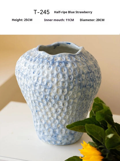 Blue Strawberry Textured Neo Chinese Ceramic Vase, Modern TV Console & Entryway Hydroponic Decor