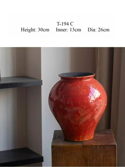 Red Chinese Ceramic Vase Retro National Style Dual-use Floral Vessel for Dried & Fresh Flower Table Decor