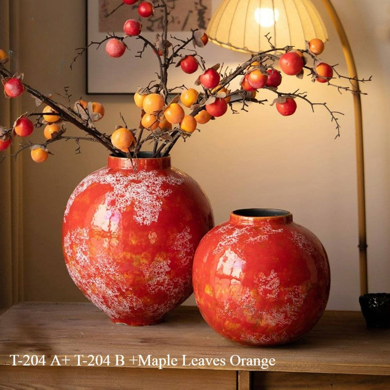 Red Chinese Ceramic Vase Retro National Style Dual-use Floral Vessel for Dried & Fresh Flower Table Decor