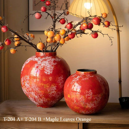 Red Chinese Ceramic Vase Retro National Style Dual-use Floral Vessel for Dried & Fresh Flower Table Decor