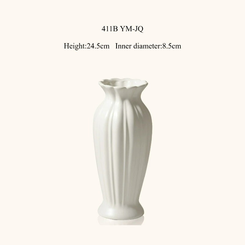 Fluted Ceramic Vase, Cream Vintage Minimalist Vessel for Dining & Living Room Flower Decor
